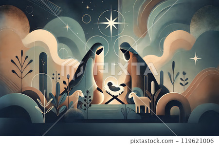 Watercolor painting Nativity scene in Bethlehem. Christmas scene illustration showing holy family baby Jesus in the manger Joseph and Mary. Banner. Copy space Watercolor painting Nativity scene in Bethlehem. Christmas scene illustration showing holy family baby Jesus in the manger Joseph and Mary. Banner. Copy space 119621006