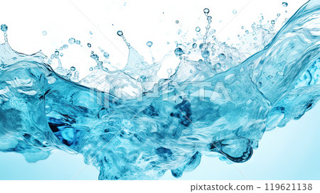 Blue water splash on white background. Liquid drips scattered. Generated AI. 119621138