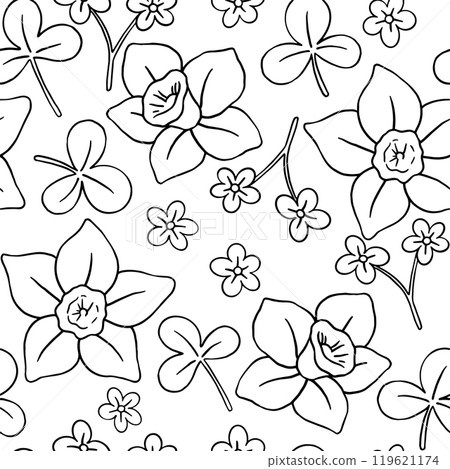 Coloring book. Vector seamless pattern on the theme of Easter and spring. wild flowers. Drawing in doodle style 119621174