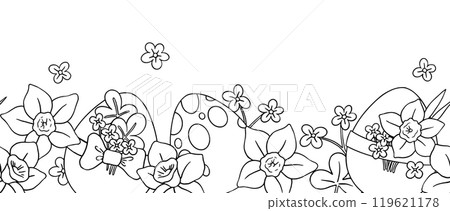 Coloring book. Vector seamless border, easter eggs and spring flower. Drawing in doodle style 119621178
