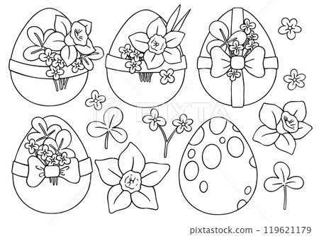 Coloring book. Vector drawing. set of Easter eggs and spring flowers. Drawing in doodle style Coloring book. Vector drawing. set of Easter eggs and spring flowers. Drawing in doodle style 119621179