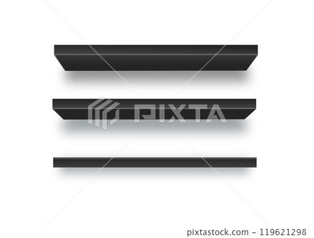 Set of empty wooden store shelves with LED lighting. Product shelf with wood texture and black wall mount. Grocery rack. Vector Set of empty wooden store shelves with LED lighting. Product shelf with wood texture and black wall mount. Grocery rack. Vector 119621298