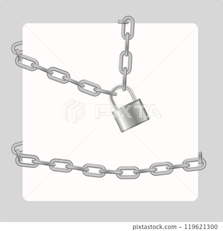 Padlock and chain. Gray metal chain and padlock, handcuffed card, vector Padlock and chain. Gray metal chain and padlock, handcuffed card, vector 119621300
