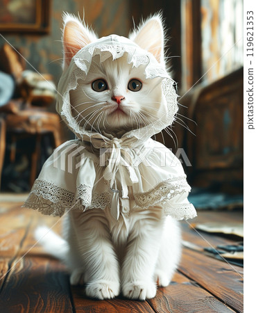 White cat in gothic fashion with frilly lace 119621353
