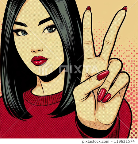 Woman making peace sign gesture. Pop art illustration with halftone effect. Retro comic style portrait for design and print 119621574