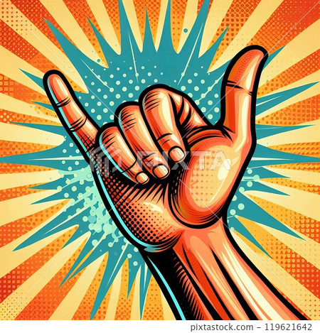 Hand making shaka sign with thumb and pinky extended. Pop art style illustration with vibrant colors and comic halftone effects 119621642