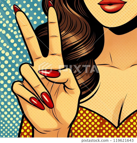 Woman showing peace sign with red nails. Pop art comic style illustration with halftone dots and vibrant colors 119621643