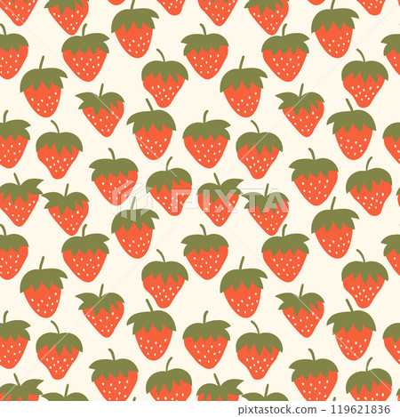 Seamless pattern with strawberry on color background. Natural delicious fresh ripe tasty fruit. Vector illustration for print, fabric, textile, banner, other design. Food concept. 119621836