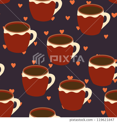 Abstract seamless pattern with color cups. Kitchen doodle background. Design for poster, fabric, textile 119621847