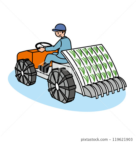 Illustration of a man planting rice in a rice field with a rice transplanter 119621903