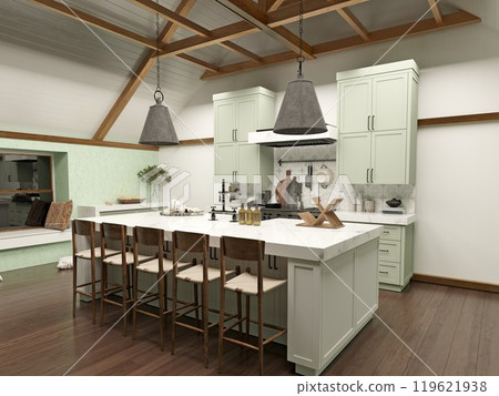 Modern kitchen with wooden beams, large island, and contemporary lighting. Modern kitchen with wooden beams, large island, and contemporary lighting. 119621938