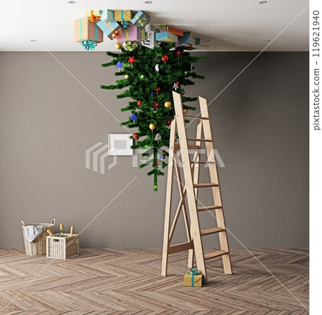 upside-down Christmas tree with presents on the ceiling upside-down Christmas tree with presents on the ceiling 119621940