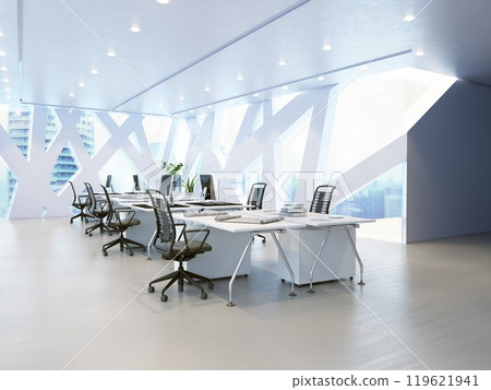 A futuristic office room with geometric window . 3d render A futuristic office room with geometric window . 3d render 119621941