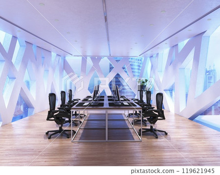 A futuristic office room with geometric window . 3d render A futuristic office room with geometric window . 3d render 119621945