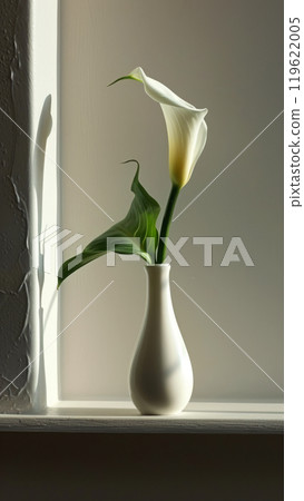 White calla lily flower in a light vase standing on a table against a grey wall. Elegant home decor White calla lily flower in a light vase standing on a table against a grey wall. Elegant home decor 119622005