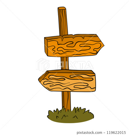Vector set of hand drawn road signs. Wooden signs with arrows. Color sign with arrows pointing. Nice design. Cartoon vector illustration Vector set of hand drawn road signs. Wooden signs with arrows. Color sign with arrows pointing. Nice design. Cartoon vector illustration 119622015