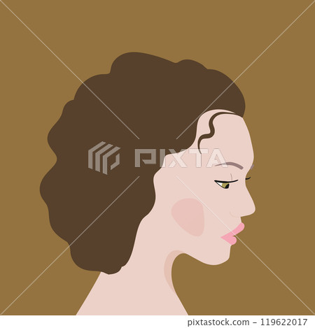 Portrait of a fashion woman. The head in profile of a European brunette woman. Face of girl. Flat design for for landing page, banner, social Media Avatar. Color vector illustration Portrait of a fashion woman. The head in profile of a European brunette woman. Face of girl. Flat design for for landing page, banner, social Media Avatar. Color vector illustration 119622017