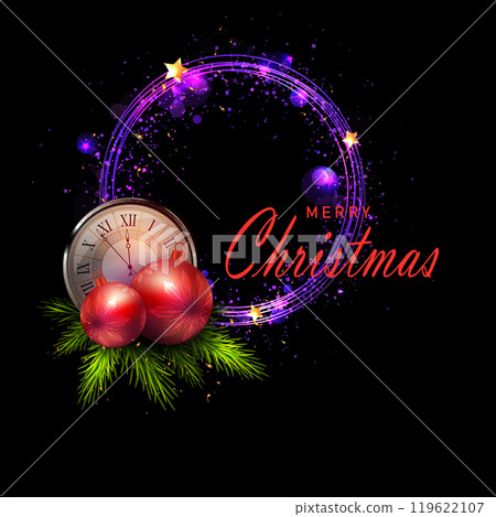 Merry Christmas. Isolated round wreath with New Year toys and clock 119622107