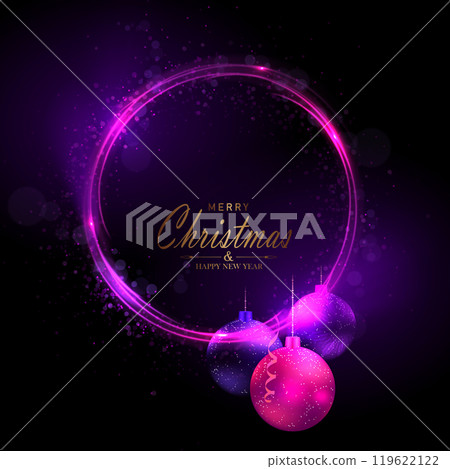 Merry Christmas. Isolated round shiny wreath in purple with Christmas toys 119622122