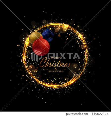 Merry Christmas. Isolated round wreath in gold color with New Year toys 119622124