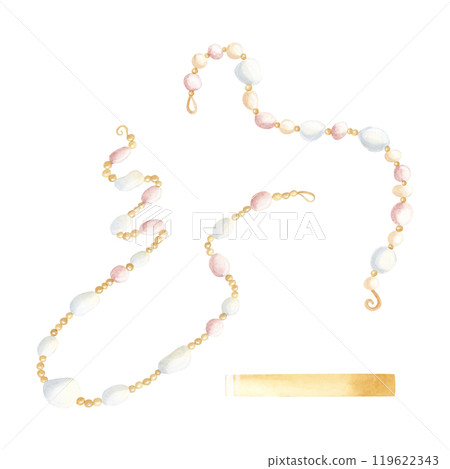 White pearl beads necklace and bracelet watercolor isolated illustration set. Vintage jewelry string with gold parts. Hand drawn retro accessories for beauty clipart 119622343