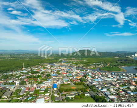 High angle view building, Aerial view of residential houses neighborhood and apartment building near the sea 119622484