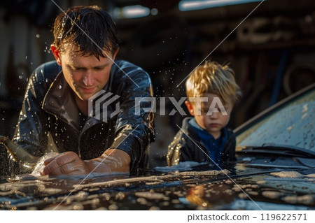 A father and his young son are washing a car, playing with soap bubbles and enjoying their time together on a sunny day 119622571