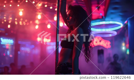 The girl showcases her skills on the pole while surrounded by bright lights and an energetic nightclub atmosphere The girl showcases her skills on the pole while surrounded by bright lights and an energetic nightclub atmosphere 119622646