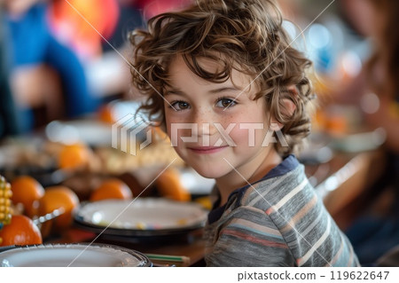 A child smiles happily at a birthday party filled with delicious snacks, joyful friends, and festive decorations 119622647