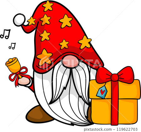 Cute Gnome with bell and gift for Christmas celebration illustration by hand drawn. 119622703