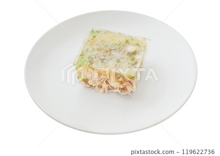Aspic in plate. Homemade food. Cooking at home jelled meat. Isolate on a white background. Aspic in plate. Homemade food. Cooking at home jelled meat. Isolate on a white background. 119622736