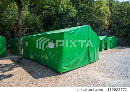 Green camping tents in a forested area 119622772