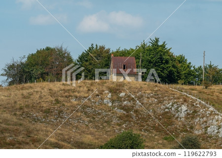 Rustic cabin on hillside with trees. Durmitor National Park 119622793