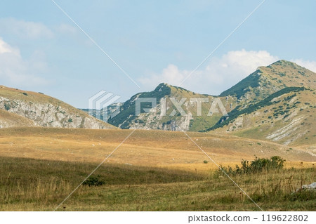Mountainous landscape with grassy plains and rocky slopes. Durmitor National Park Montenegro 119622802