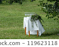 Outdoor Table Setup with Glasses and Plates 119623118