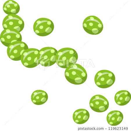 Numerous vibrant green balls adorned with white polka dots are creating a dynamic scene, some linked together in a chain like structure while others scatter freely against a clean white backdrop 119623149