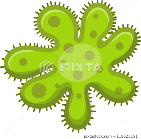 Green bacteria with nucleus and cilia multiply, ideal for health and biology concepts. Explore microorganisms in this educational graphic 119623151