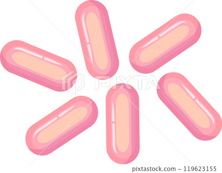 Seven pink and beige oval pills are forming a star shape over a white background, creating an abstract and minimalist composition, ideal for healthcare and pharmaceutical related projects 119623155
