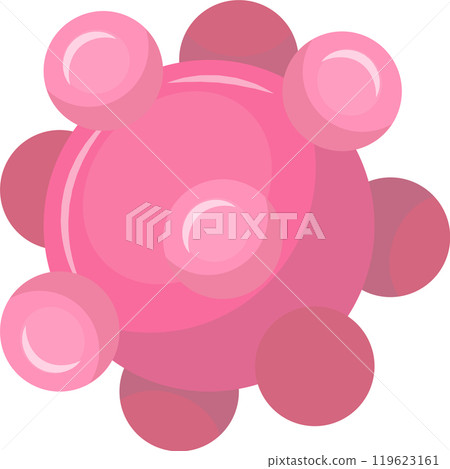 Pink virus cell with smaller circles attached around a larger central sphere representing microbial infection, illness, disease, and healthcare Pink virus cell with smaller circles attached around a larger central sphere representing microbial infection, illness, disease, and healthcare 119623161