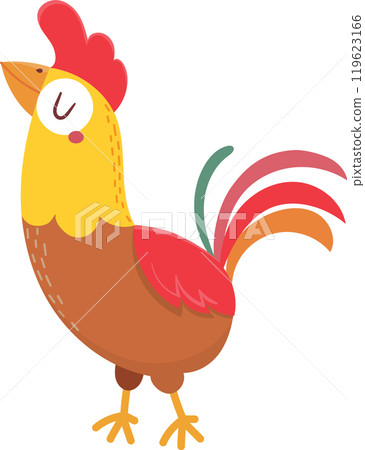 Cartoon rooster crowing, showcasing vibrant plumage, a prominent crest, and stylized design, ideal for children's illustrations or farm themed projects Cartoon rooster crowing, showcasing vibrant plumage, a prominent crest, and stylized design, ideal for children's illustrations or farm themed projects 119623166