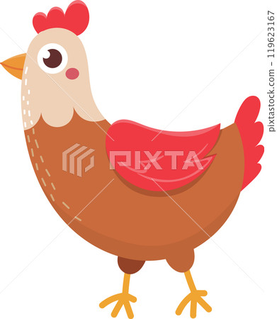 Cheerful cartoon hen with a red crest walks happily to the left, perfect for kids' designs Cheerful cartoon hen with a red crest walks happily to the left, perfect for kids' designs 119623167