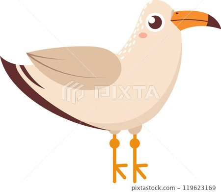Cartoon seagull standing, showing its brown wing and orange beak, isolated on a white background, ideal for children book illustrations Cartoon seagull standing, showing its brown wing and orange beak, isolated on a white background, ideal for children book illustrations 119623169