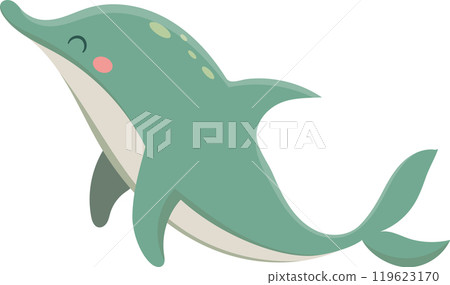 Cartoon illustration of a happy turquoise dolphin swimming underwater, showing its flippers and tail, ideal for children's books or educational materials Cartoon illustration of a happy turquoise dolphin swimming underwater, showing its flippers and tail, ideal for children's books or educational materials 119623170
