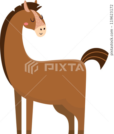 Cartoon illustration of a brown horse standing calmly with closed eyes, a smiling face, and a long, curved neck, conveying a sense of peace and happiness Cartoon illustration of a brown horse standing calmly with closed eyes, a smiling face, and a long, curved neck, conveying a sense of peace and happiness 119623172