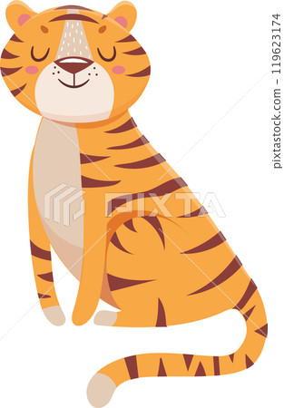 Cute cartoon tiger sitting peacefully, eyes closed, exuding charm and happiness. Perfect for a playful and cheerful vibe Cute cartoon tiger sitting peacefully, eyes closed, exuding charm and happiness. Perfect for a playful and cheerful vibe 119623174