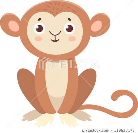 Adorable cartoon monkey sitting with a cheerful expression, showcasing its playful nature in a vibrant illustration perfect for children s books or any project needing a touch of primate charm 119623175