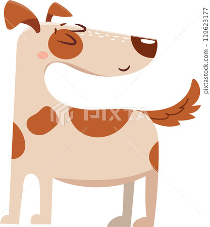 Cartoon dog wagging its tail, smiling, and looking happy, isolated on white background, suitable for childrens books or pet related projects 119623177