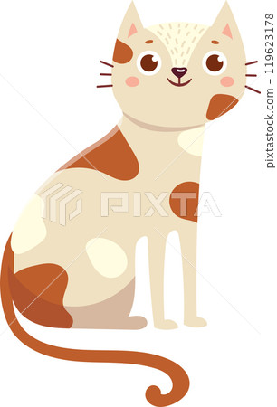Adorable cartoon cat with brown spots sitting peacefully with a cheerful expression, showcasing a simple and charming design 119623178