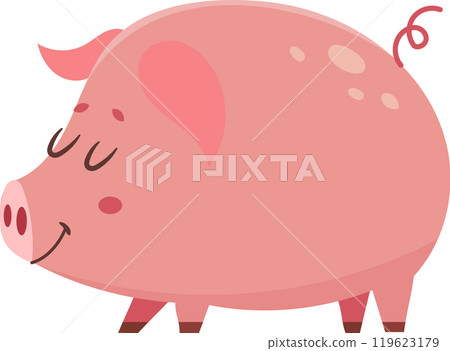 Cartoon illustration of a cute pink pig walking happily, isolated on a white background, perfect for childrens books, educational materials, or any project needing a touch of farmyard charm Cartoon illustration of a cute pink pig walking happily, isolated on a white background, perfect for childrens books, educational materials, or any project needing a touch of farmyard charm 119623179