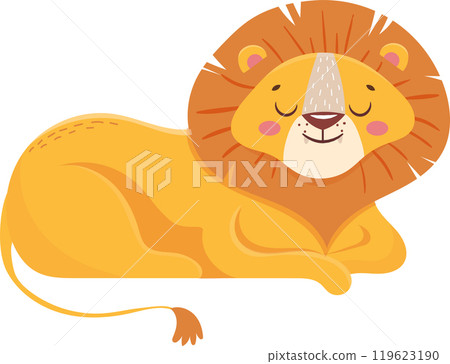 Cartoon illustration of a cute lion cub with closed eyes, lying down and resting, showcasing a peaceful moment in wildlife 119623190